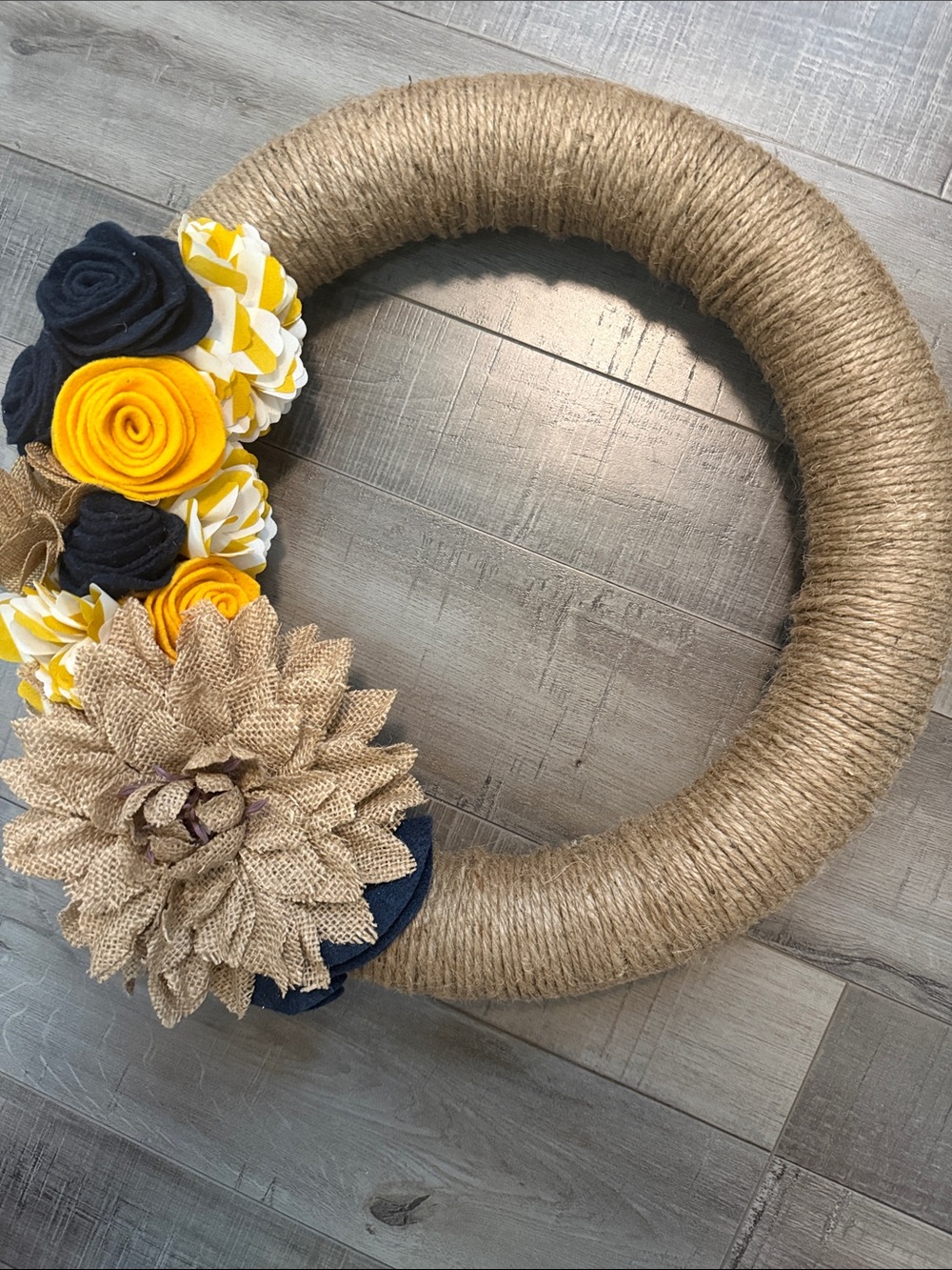 Handmade Burlap and Felt Flower Wreath - Navy, Yellow, Natural